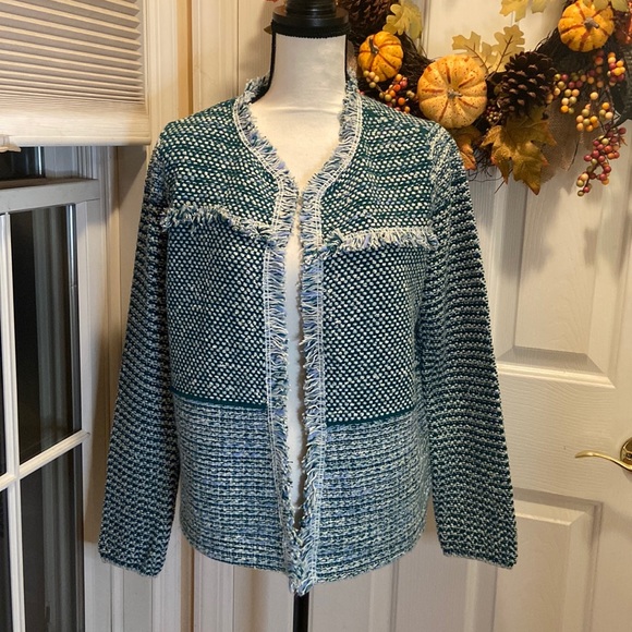 Chico's Sweaters - CHICO’S NWT Open Front Structured Tweed Teal Cardigan Size 1 (M) MSRP $119